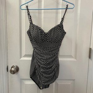 Magicsuit black and white polkadot one-piece ruched slimming swimsuit
